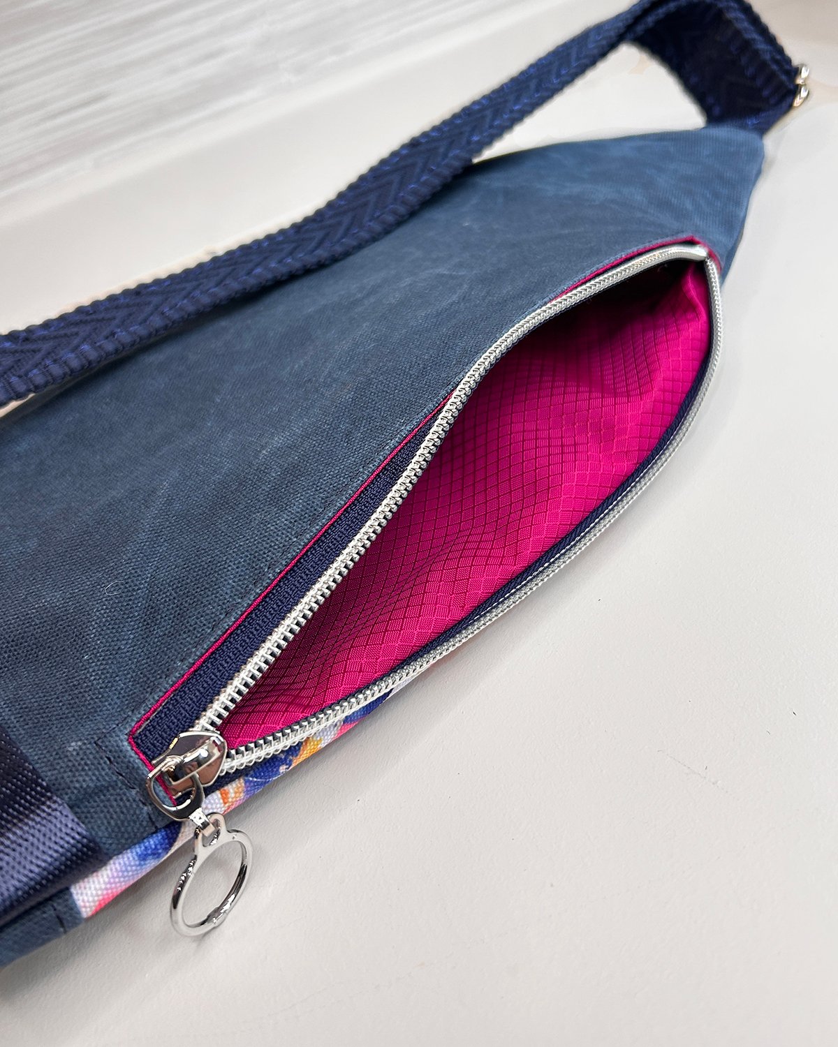 Navy Waxed Canvas Mini Sling Bag – Watercolor Chevron Travel Crossbody Bag with Dual Zipper Pockets - Image 7