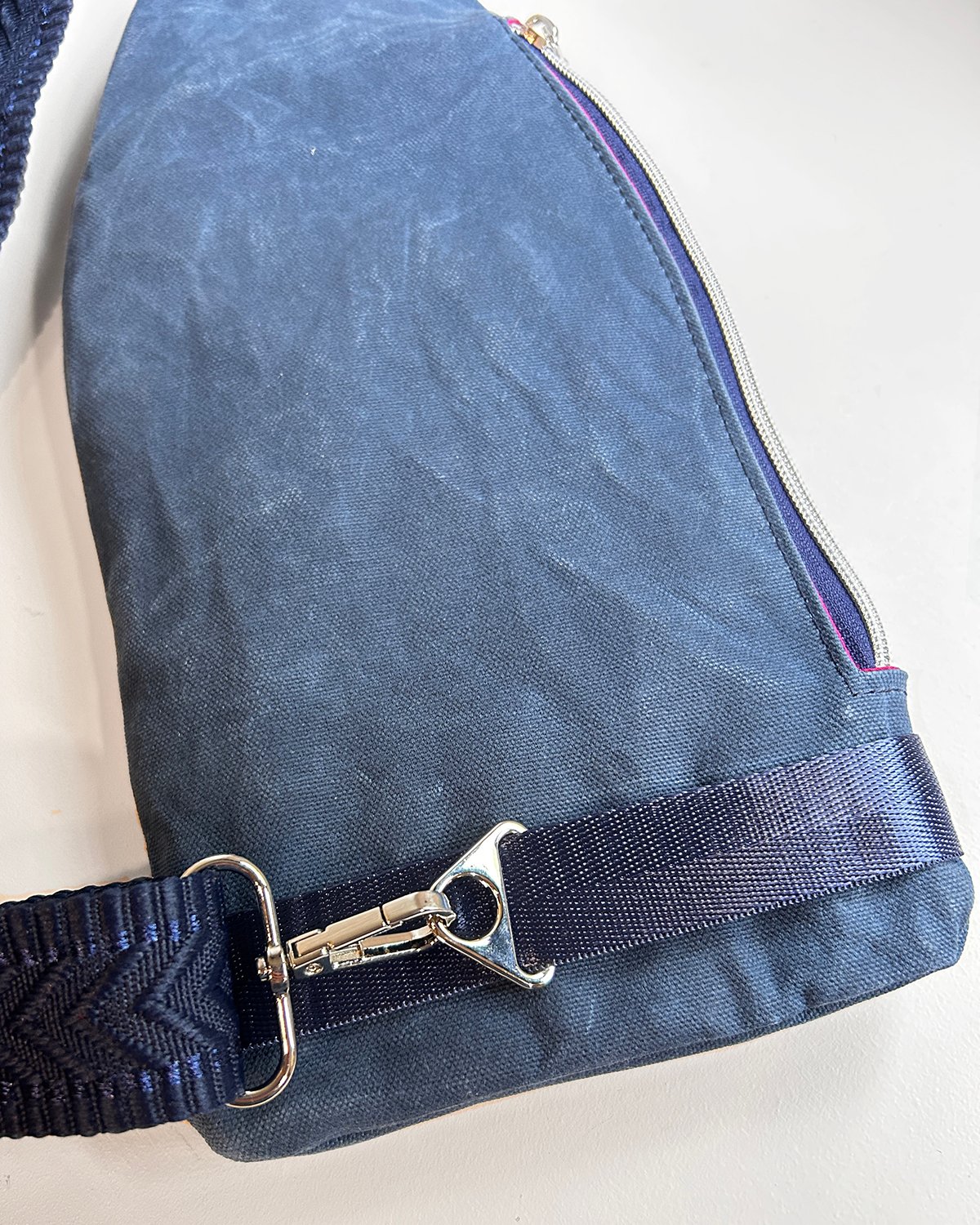 Navy Waxed Canvas Mini Sling Bag – Watercolor Chevron Travel Crossbody Bag with Dual Zipper Pockets - Image 6