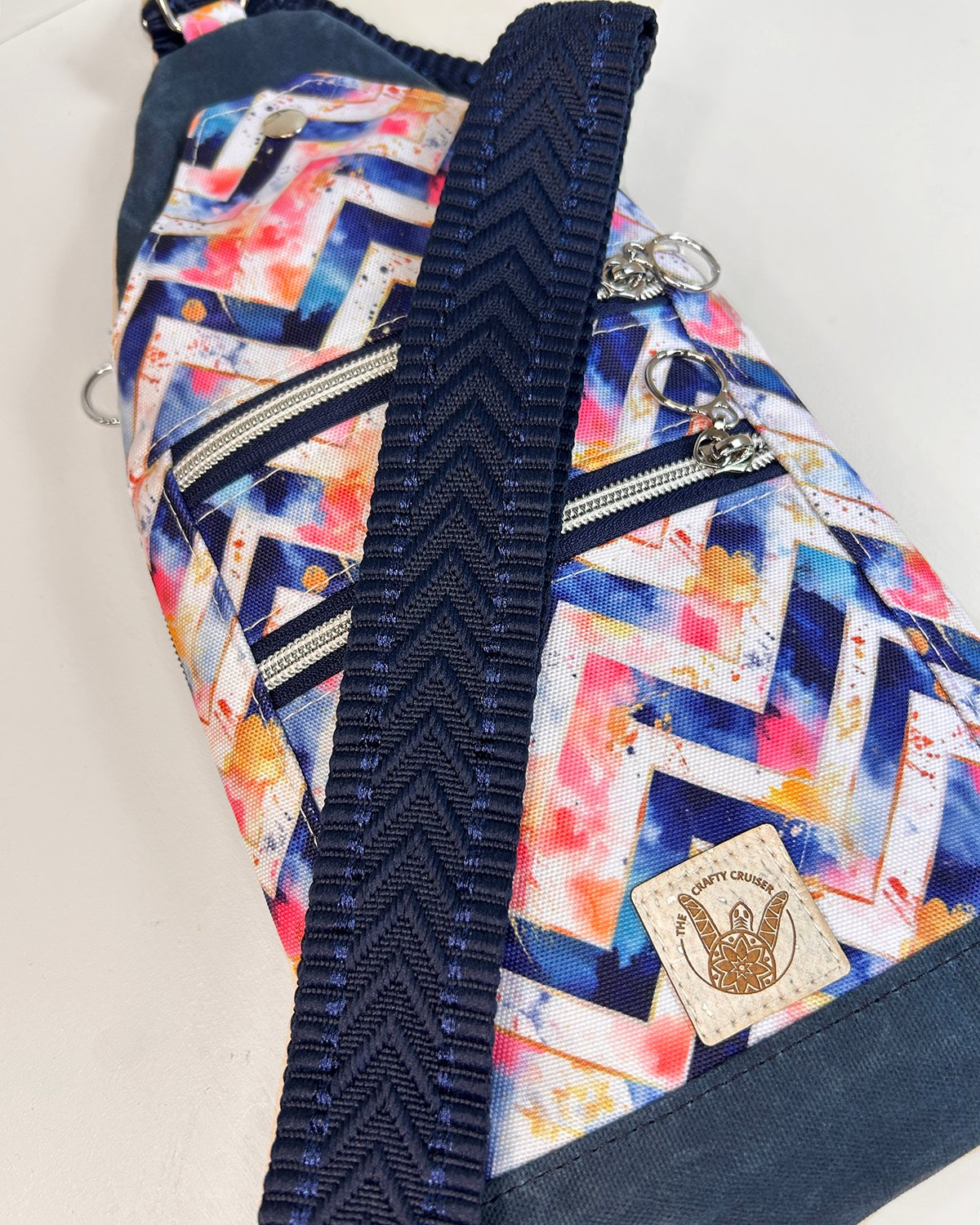 Navy Waxed Canvas Mini Sling Bag – Watercolor Chevron Travel Crossbody Bag with Dual Zipper Pockets - Image 5