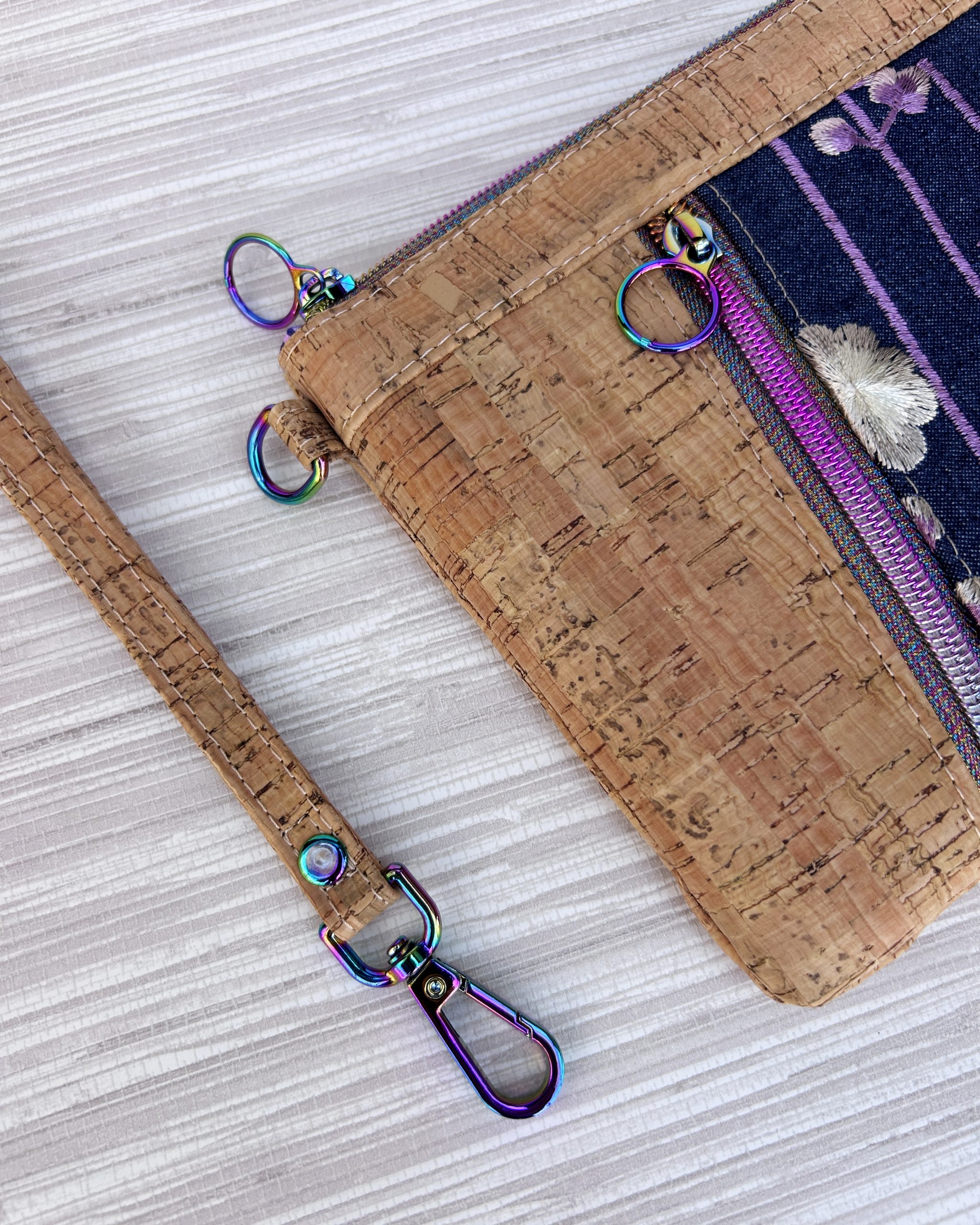 Cork and Embroidered Floral Denim Wristlet Clutch – Handmade Cork Zipper Pouch with Rainbow Hardware - Image 3