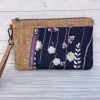 Cork and Embroidered Floral Denim Wristlet Clutch – Handmade Cork Zipper Pouch with Rainbow Hardware
