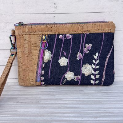 Cork and Embroidered Floral Denim Wristlet Clutch – Handmade Cork Zipper Pouch with Rainbow Hardware