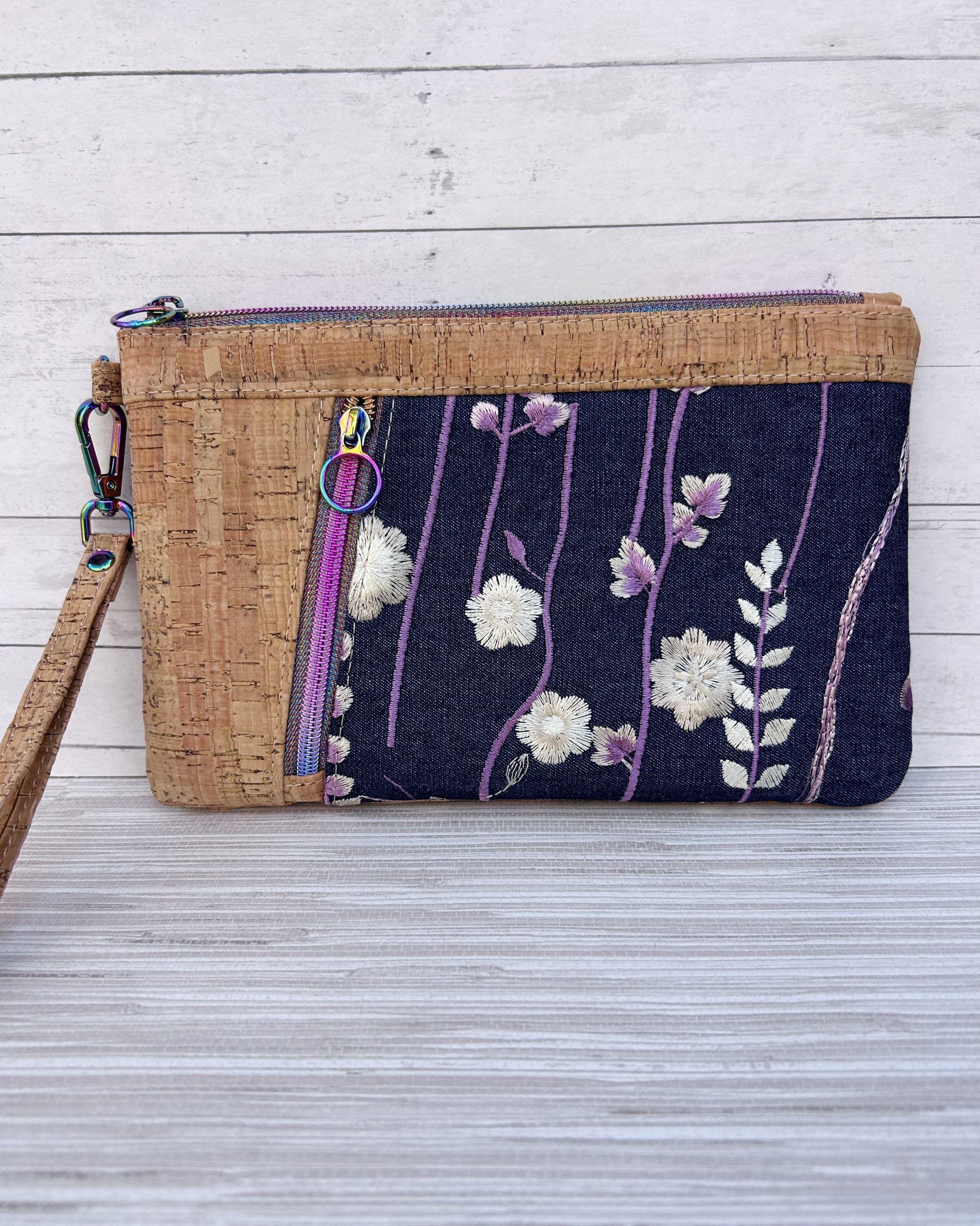 Cork and Embroidered Floral Denim Wristlet Clutch – Handmade Cork Zipper Pouch with Rainbow Hardware