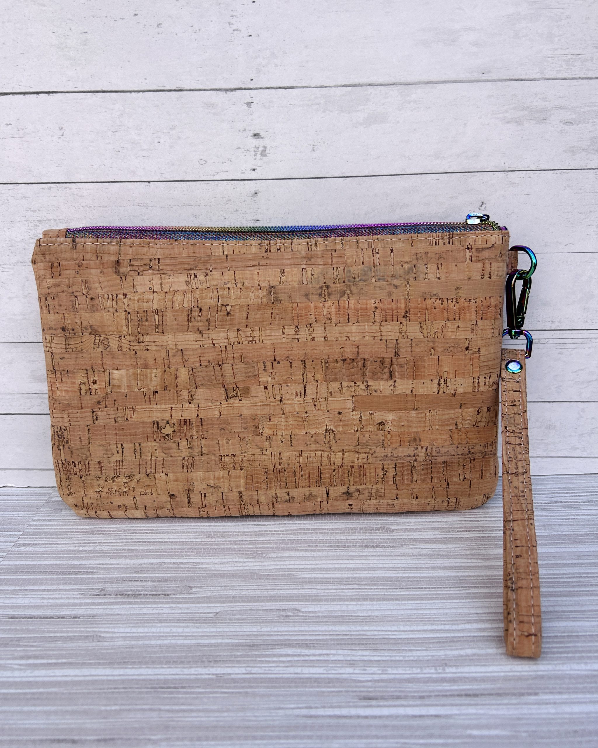 Cork and Embroidered Floral Denim Wristlet Clutch – Handmade Cork Zipper Pouch with Rainbow Hardware - Image 2