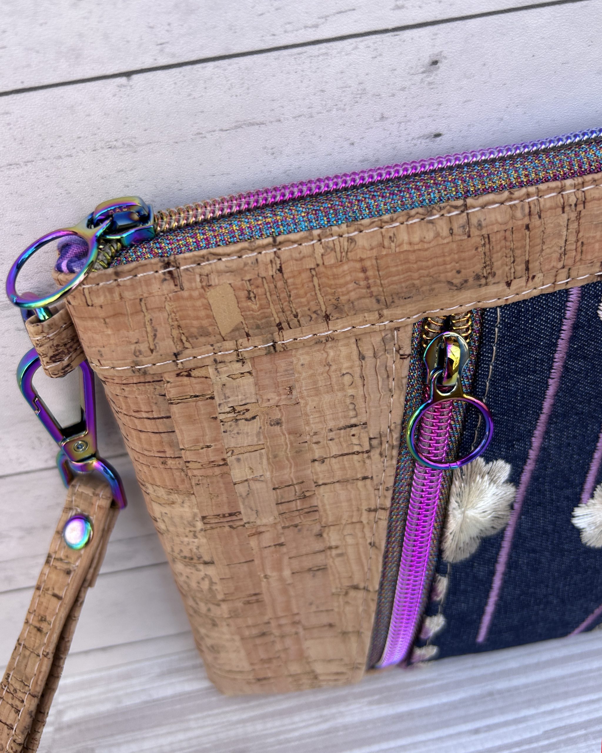 Cork and Embroidered Floral Denim Wristlet Clutch – Handmade Cork Zipper Pouch with Rainbow Hardware - Image 5