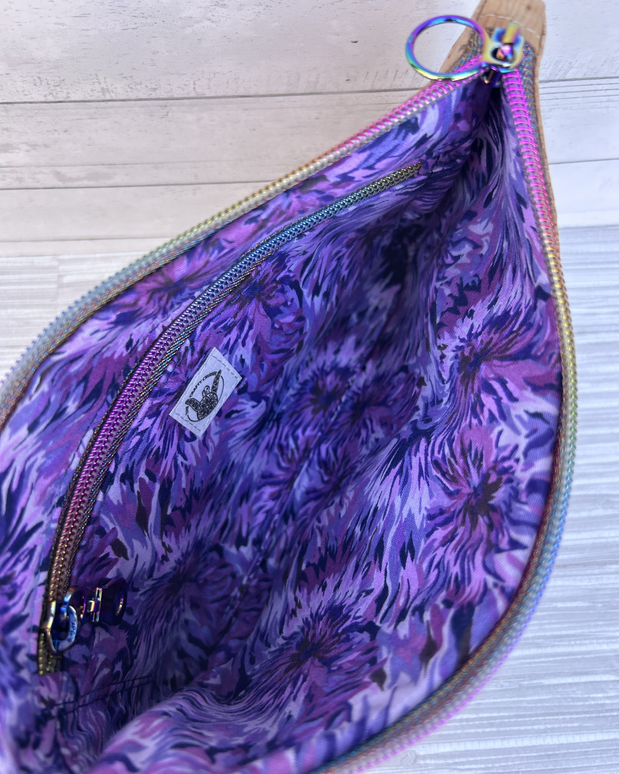 Cork and Embroidered Floral Denim Wristlet Clutch – Handmade Cork Zipper Pouch with Rainbow Hardware - Image 8