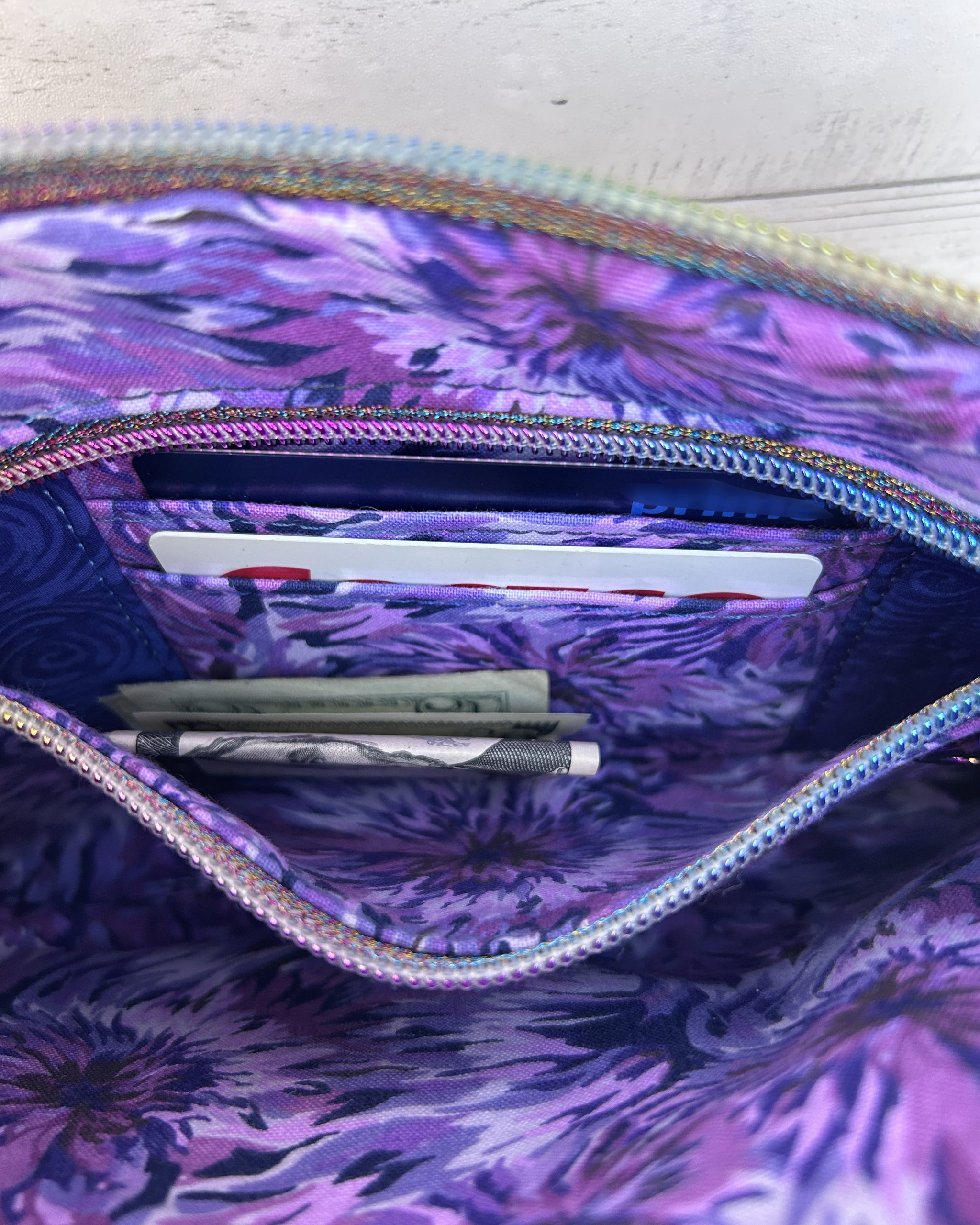 Cork and Embroidered Floral Denim Wristlet Clutch – Handmade Cork Zipper Pouch with Rainbow Hardware - Image 11