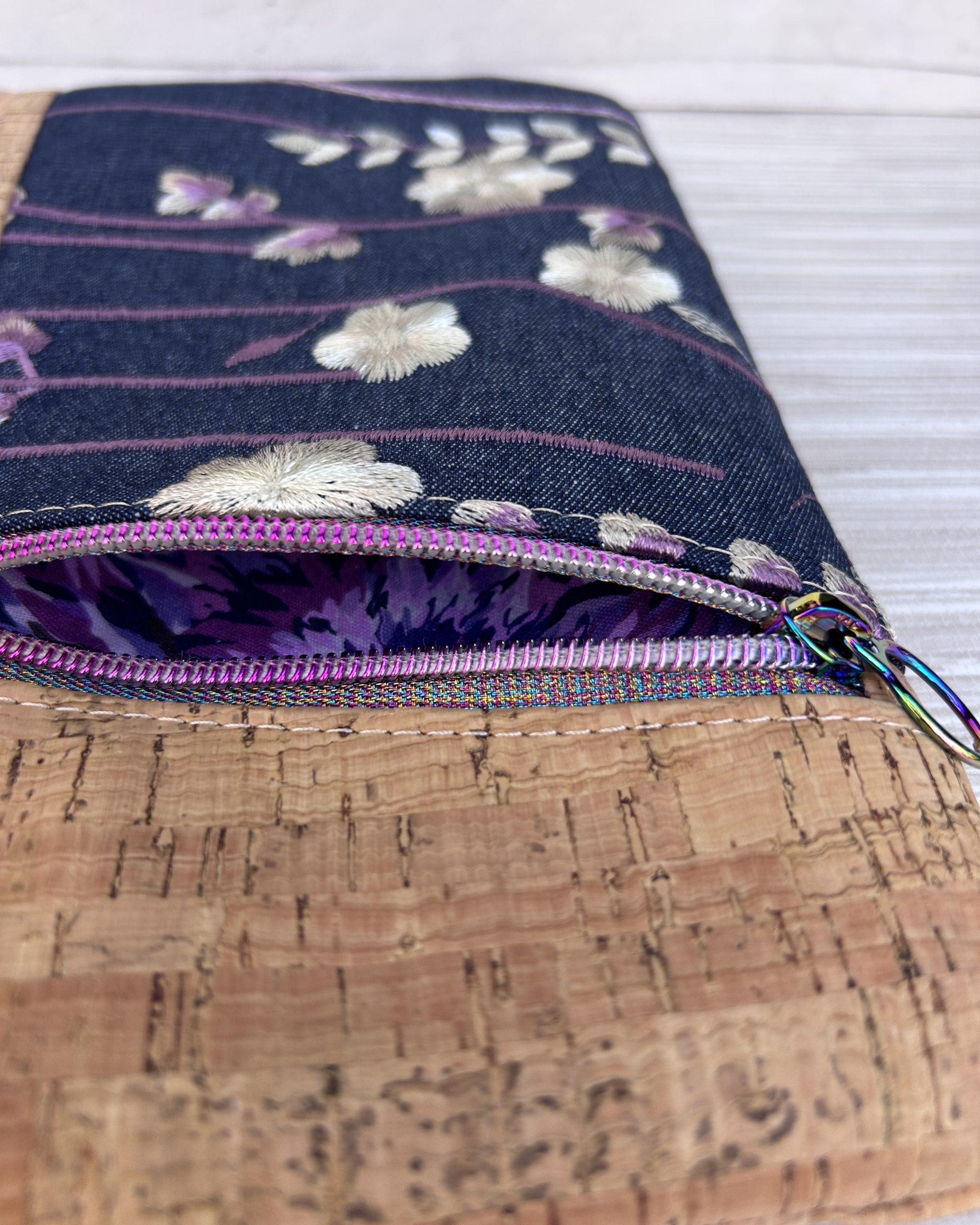 Cork and Embroidered Floral Denim Wristlet Clutch – Handmade Cork Zipper Pouch with Rainbow Hardware - Image 7