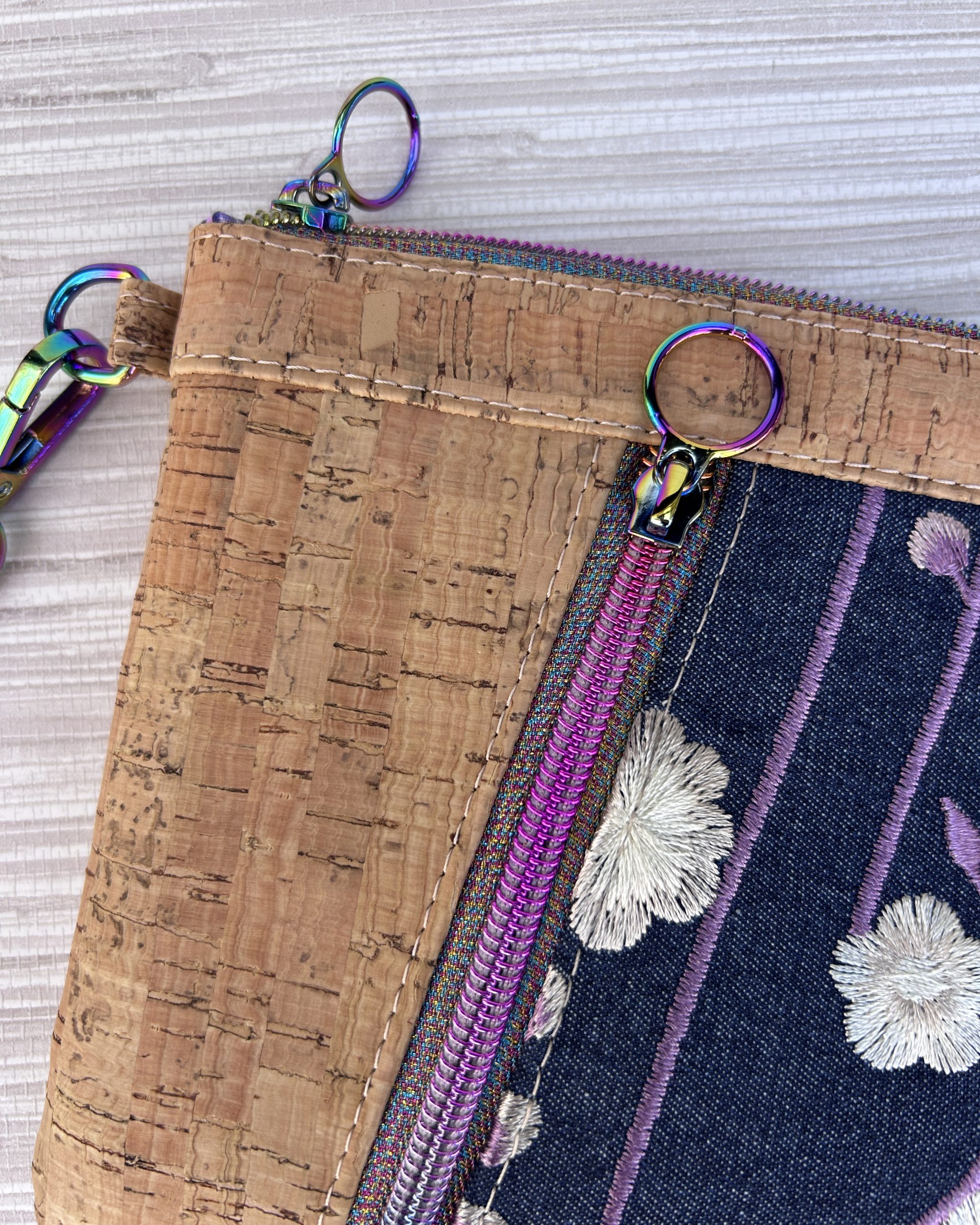 Cork and Embroidered Floral Denim Wristlet Clutch – Handmade Cork Zipper Pouch with Rainbow Hardware - Image 4