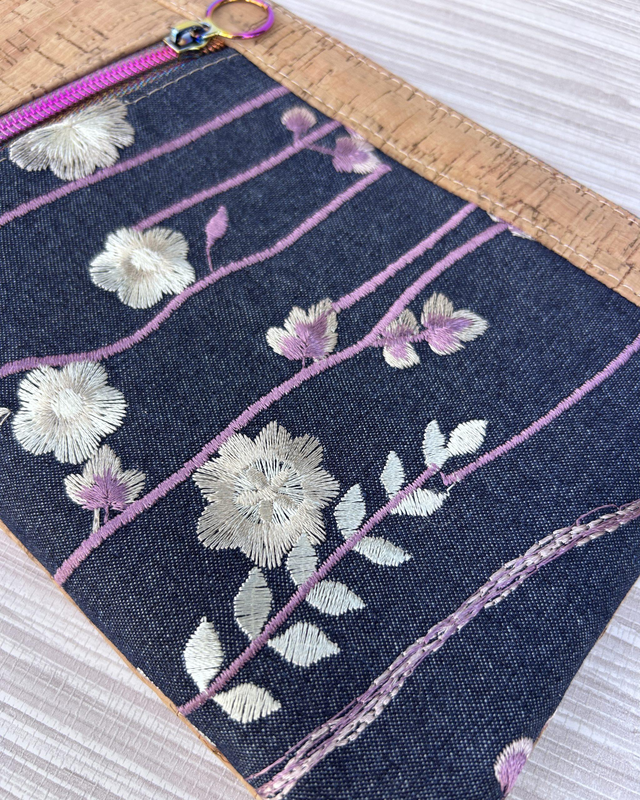Cork and Embroidered Floral Denim Wristlet Clutch – Handmade Cork Zipper Pouch with Rainbow Hardware - Image 6