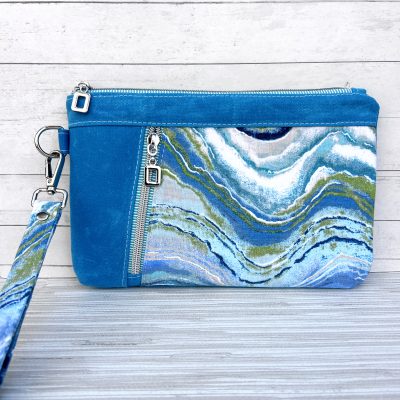 Turquoise Waxed Canvas Wristlet Clutch – Handmade Ocean-inspired Waves Zipper Clutch