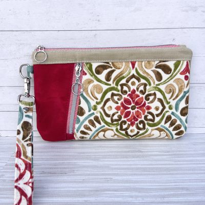 Waxed Canvas & Boho Print Wristlet Clutch – Red and Tan Handmade Zipper Clutch
