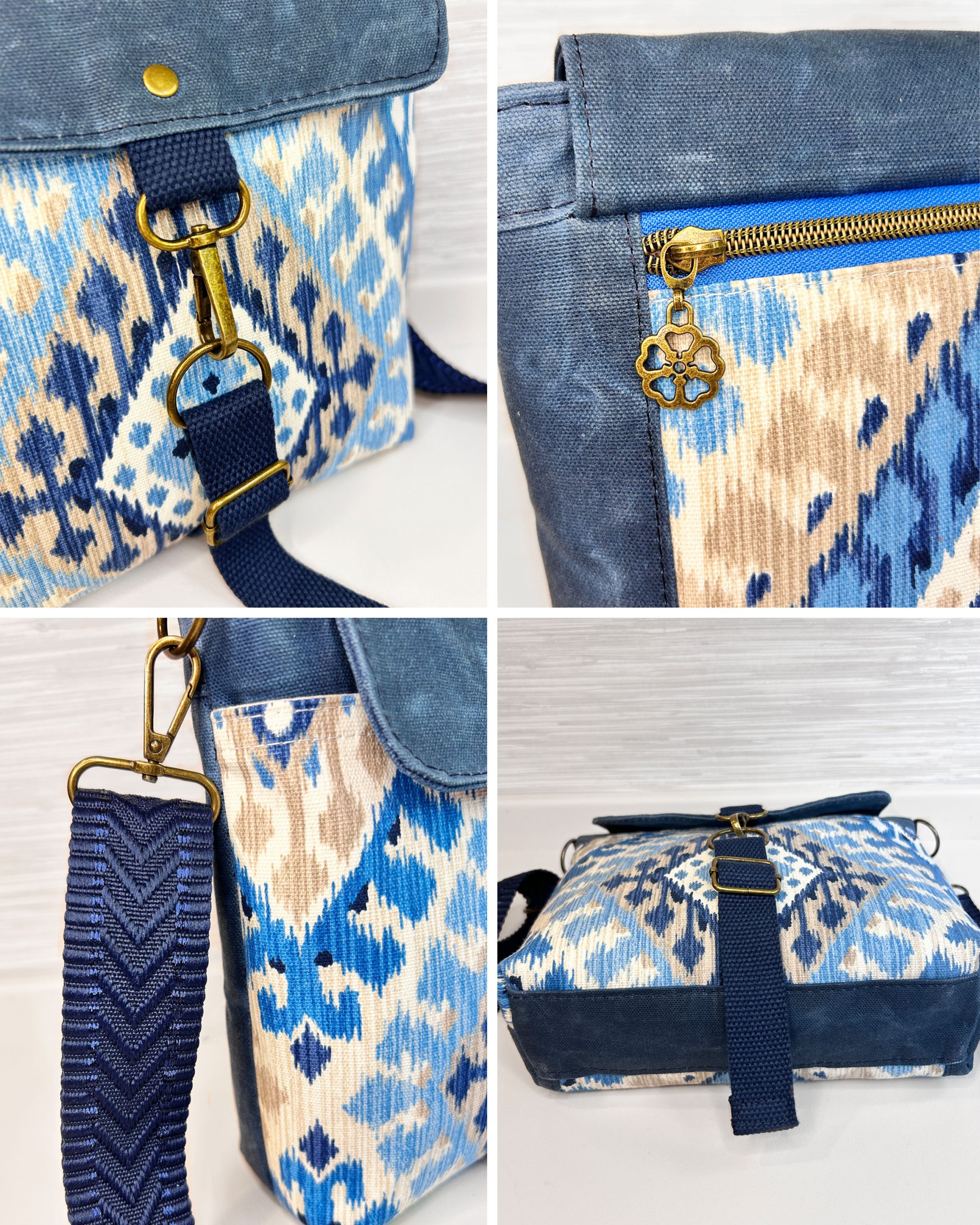 Handmade Women's Crossbody Messenger Bag - Navy Blue Satchel with Waxed Canvas Flap - Image 9