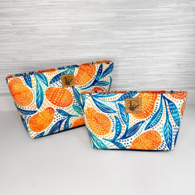 Mango Print Cosmetic Bag Set, Handmade Zipper Pouch Toiletry Set, Fun Summer Citrus Fruit Print