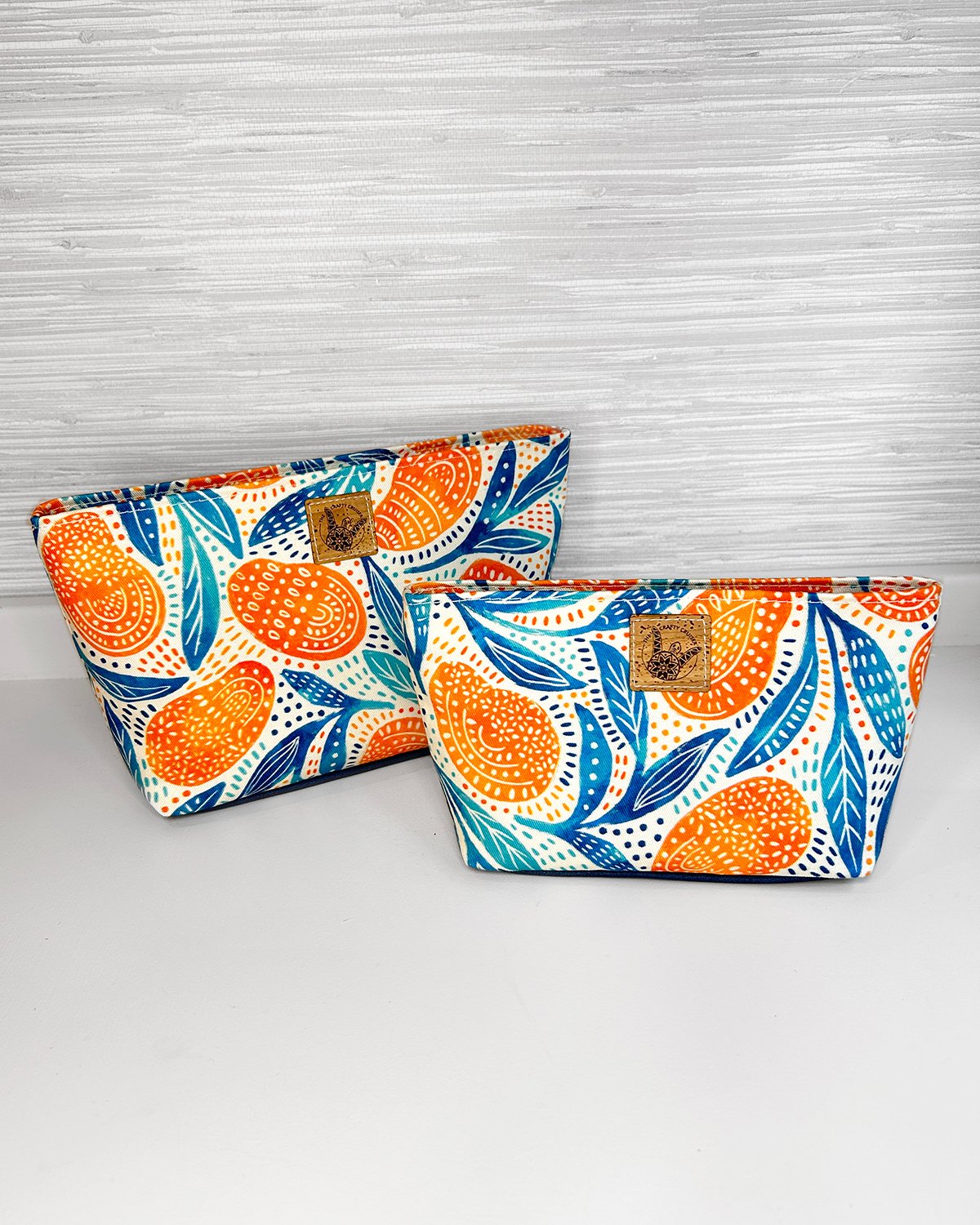 Mango Print Cosmetic Bag Set, Handmade Zipper Pouch Toiletry Set, Fun Summer Citrus Fruit Print
