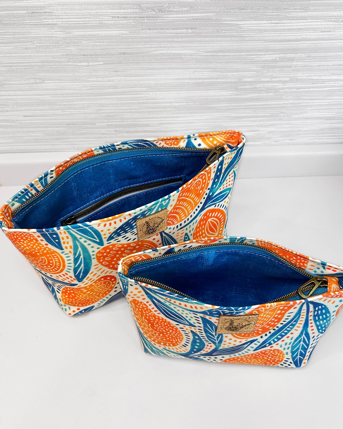 Mango Print Cosmetic Bag Set, Handmade Zipper Pouch Toiletry Set, Fun Summer Citrus Fruit Print - Image 2