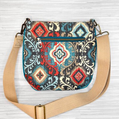Women's Boho Crossbody Bag, Teal Red Tapestry Print Purse, Handmade Canvas Bag