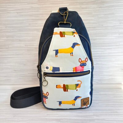 Dog Lover Sling Bag, Navy Waxed Canvas, Dachshund, Frenchie, Basset Hound Crossbody Bag