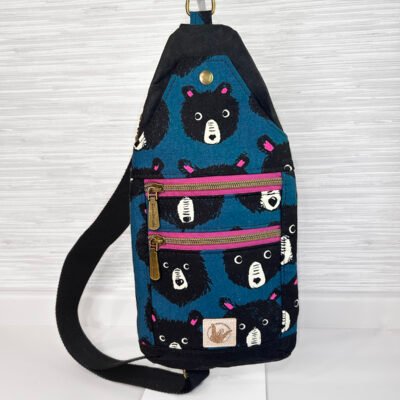 Bear Print Sling Bag, Teddy and the Bears Travel Crossbody Bag with Dual Zipper Pockets, Handmade Black and Teal Small Sling