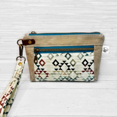 Aztec Print Wristlet Pouch, Southwestern Boho Clutch, Double Zipper Pouch with Wrist Strap