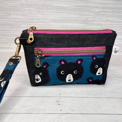 Black Bear Wristlet Pouch, Waxed Canvas Zipper Bag, Teddy & the Bears Clutch, Double Zipper Pouch with Wrist Strap
