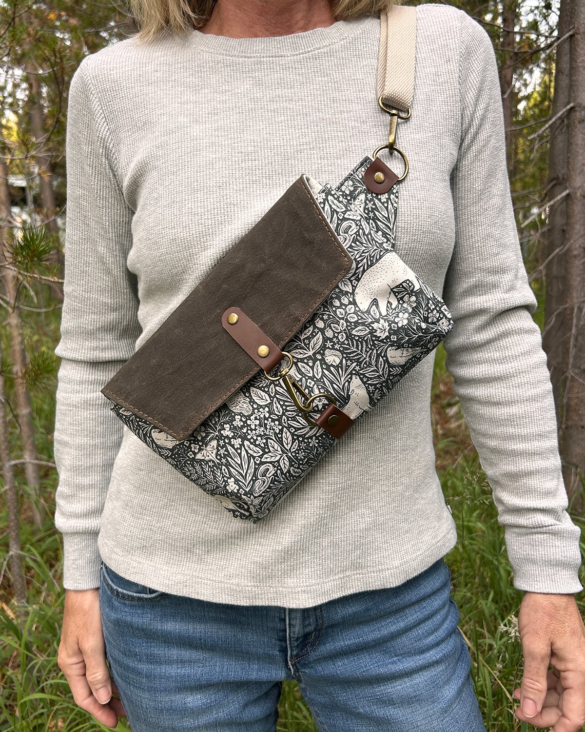 Waxed Canvas Belt Bag, Woodland Animal Print Fanny Pack, Cottagecore Crossbody Sling Bag with Leather Accents - Image 3