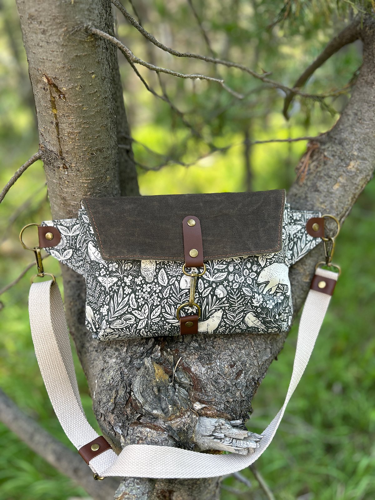 Waxed Canvas Belt Bag, Woodland Animal Print Fanny Pack, Cottagecore Crossbody Sling Bag with Leather Accents - Image 4