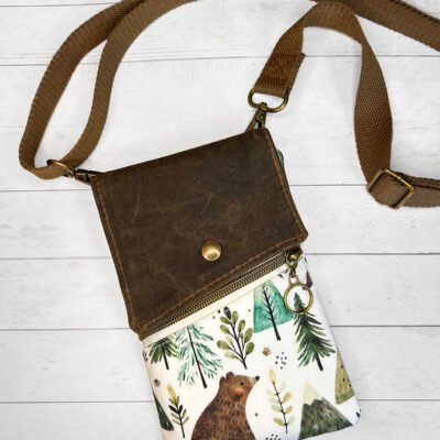 Bear Forest Print Crossbody Phone Bag, Waxed Canvas Small Purse, Woodland Animal Mini Bag, Outdoor Lover Gift