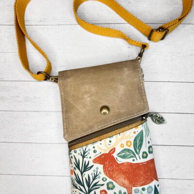 Folk Art Deer Print Print Crossbody Phone Bag, Waxed Canvas Small Purse, Floral Wildlife Mini Bag