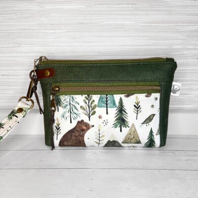 Woodland Forest Wristlet Pouch, Green Faux Leather  Zipper Clutch, Bear Print Small Phone Pouch Wallet,