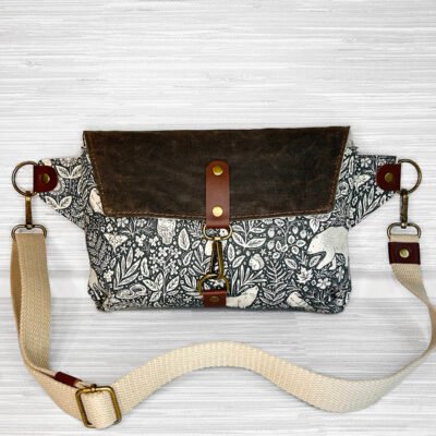 Waxed Canvas Belt Bag, Woodland Animal Print Fanny Pack, Cottagecore Crossbody Sling Bag with Leather Accents