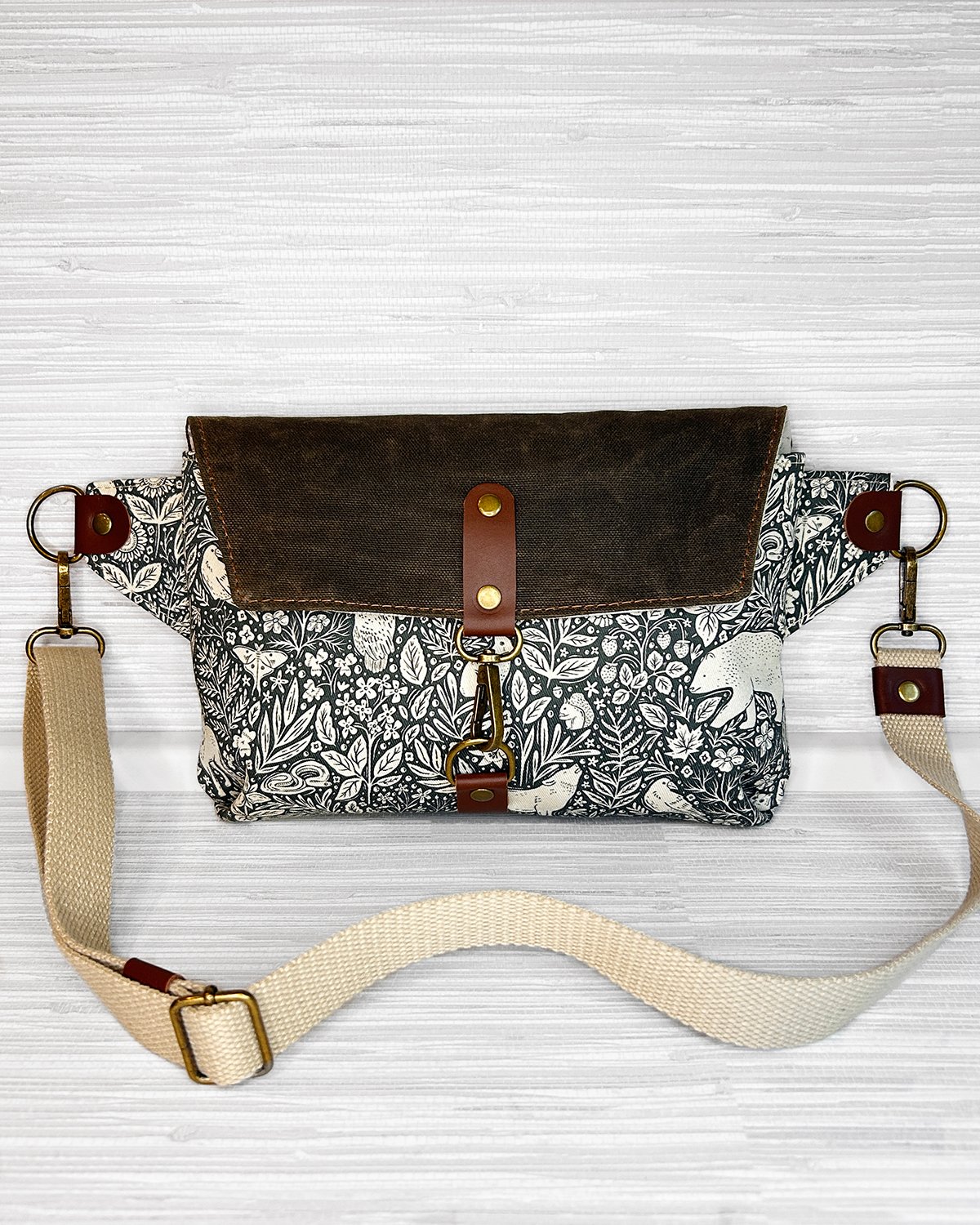 Waxed Canvas Belt Bag, Woodland Animal Print Fanny Pack, Cottagecore Crossbody Sling Bag with Leather Accents