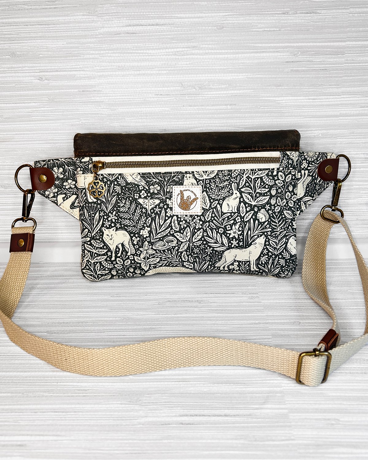 Waxed Canvas Belt Bag, Woodland Animal Print Fanny Pack, Cottagecore Crossbody Sling Bag with Leather Accents - Image 2