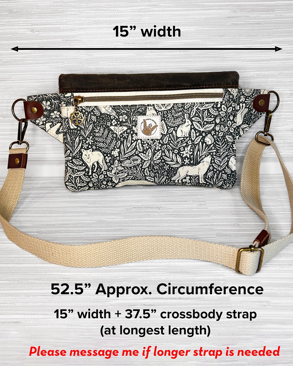 Waxed Canvas Belt Bag, Woodland Animal Print Fanny Pack, Cottagecore Crossbody Sling Bag with Leather Accents - Image 16