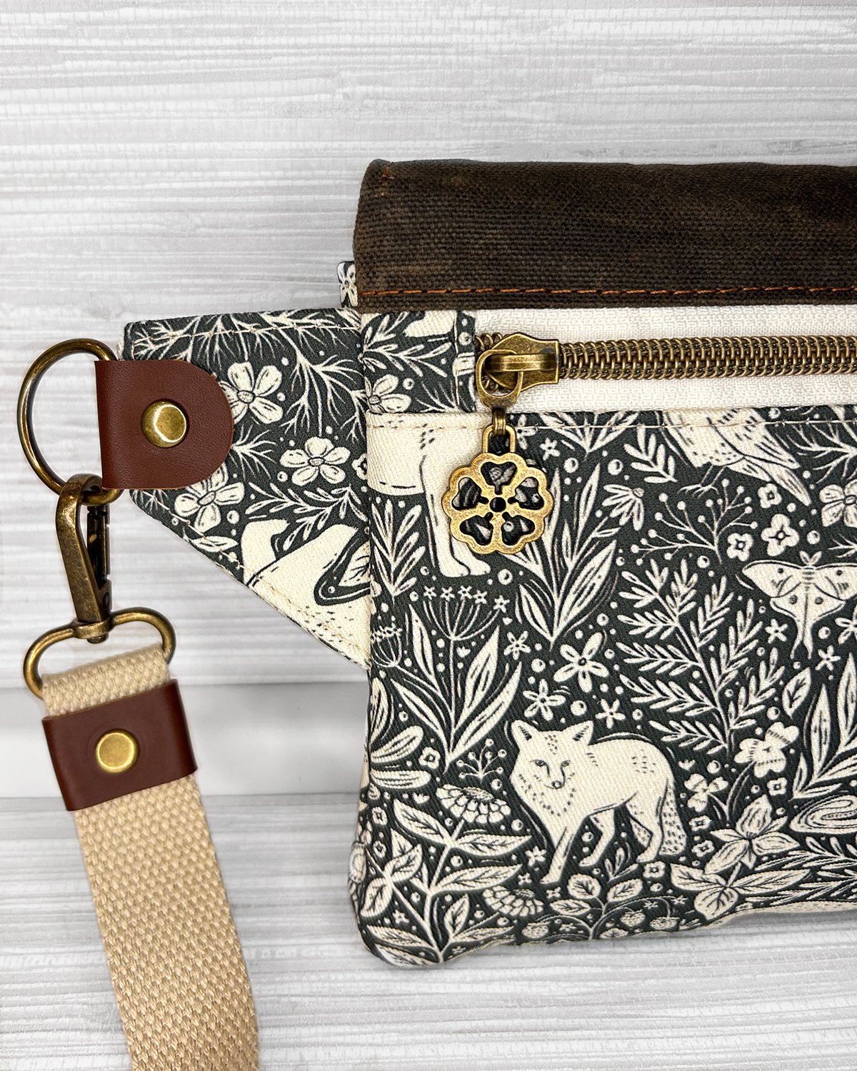 Waxed Canvas Belt Bag, Woodland Animal Print Fanny Pack, Cottagecore Crossbody Sling Bag with Leather Accents - Image 5