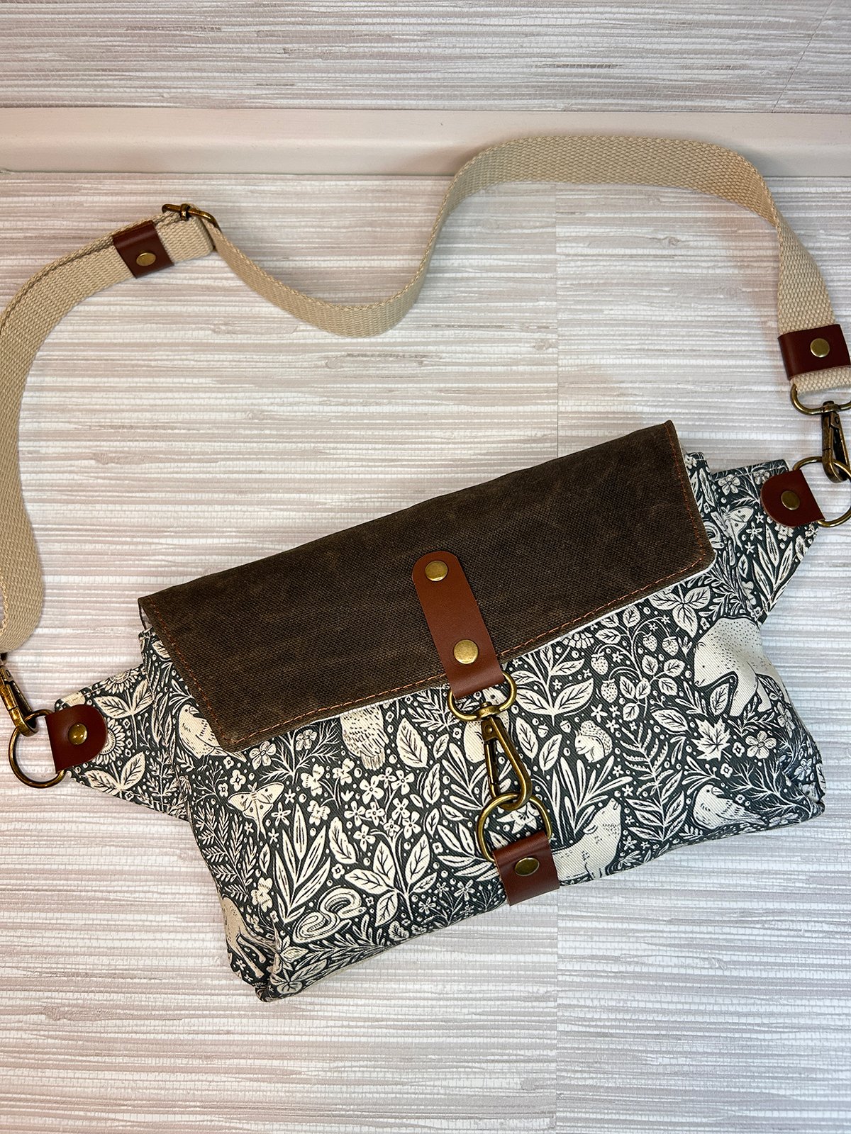 Waxed Canvas Belt Bag, Woodland Animal Print Fanny Pack, Cottagecore Crossbody Sling Bag with Leather Accents - Image 7