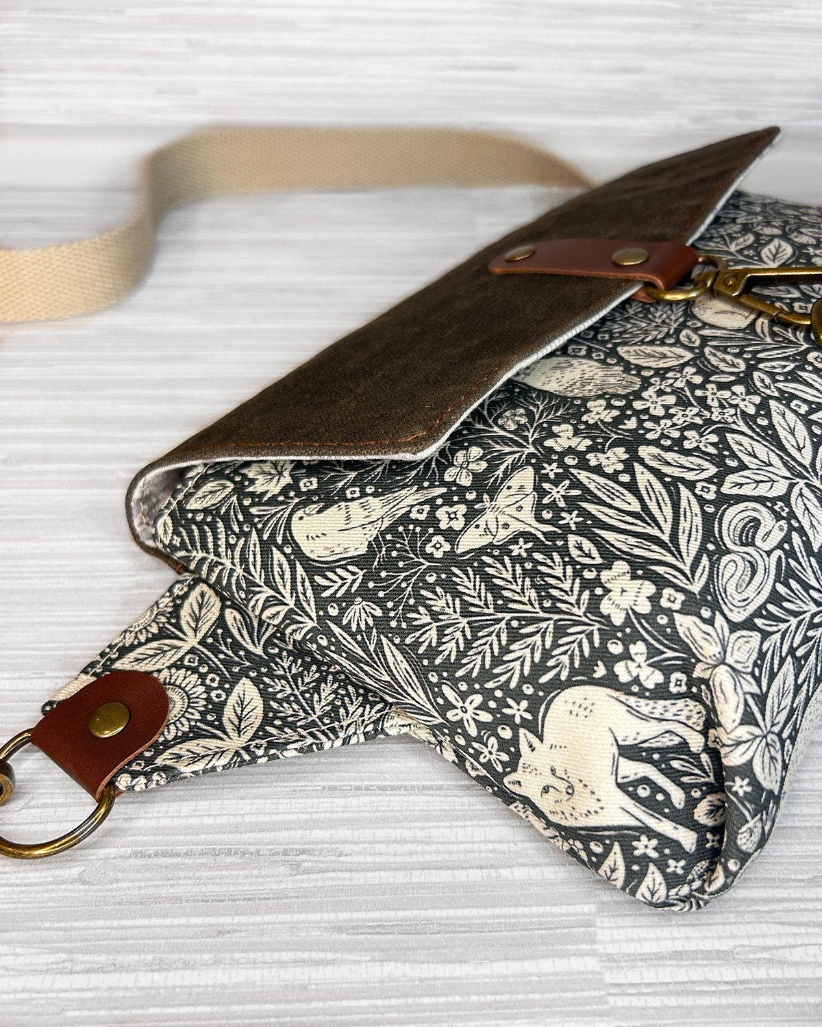 Waxed Canvas Belt Bag, Woodland Animal Print Fanny Pack, Cottagecore Crossbody Sling Bag with Leather Accents - Image 8