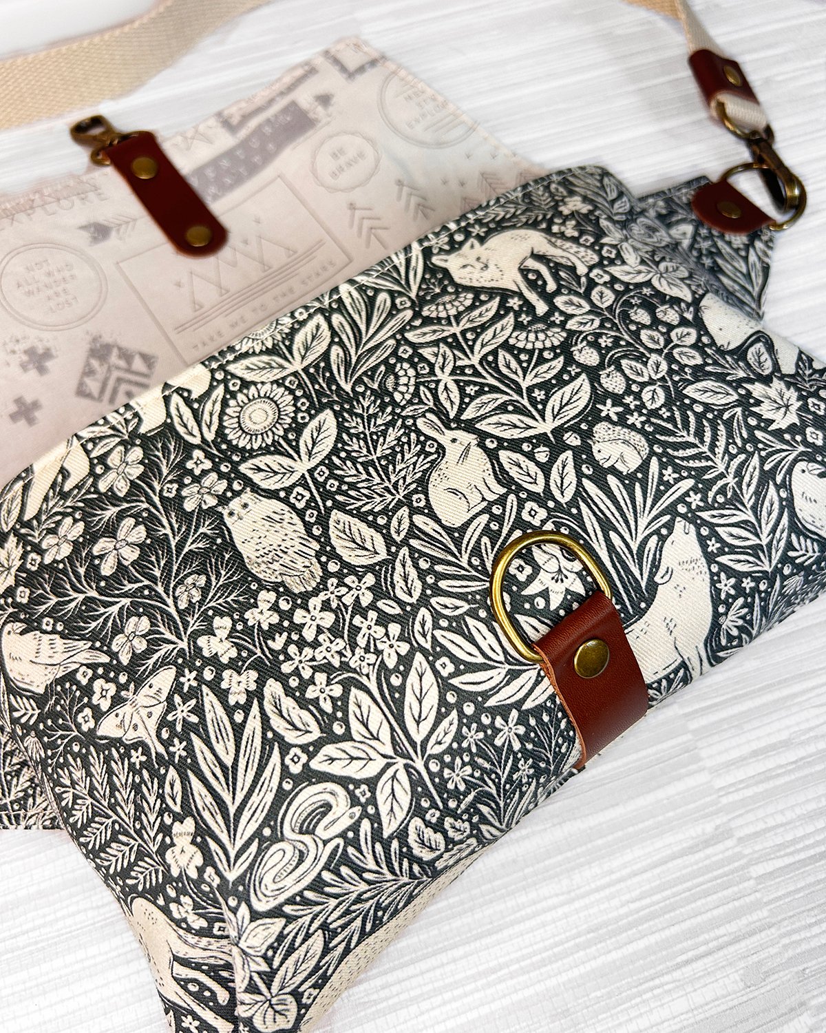 Waxed Canvas Belt Bag, Woodland Animal Print Fanny Pack, Cottagecore Crossbody Sling Bag with Leather Accents - Image 9