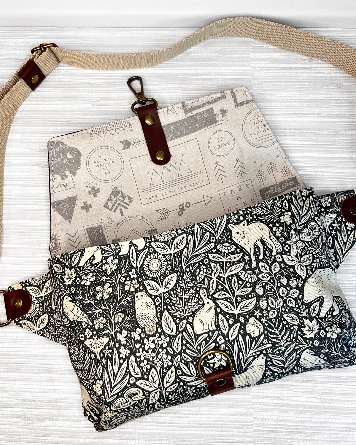 Waxed Canvas Belt Bag, Woodland Animal Print Fanny Pack, Cottagecore Crossbody Sling Bag with Leather Accents - Image 10