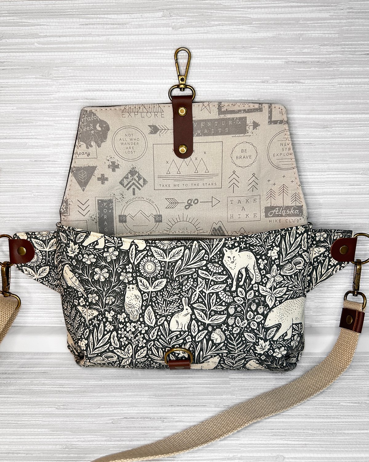Waxed Canvas Belt Bag, Woodland Animal Print Fanny Pack, Cottagecore Crossbody Sling Bag with Leather Accents - Image 12