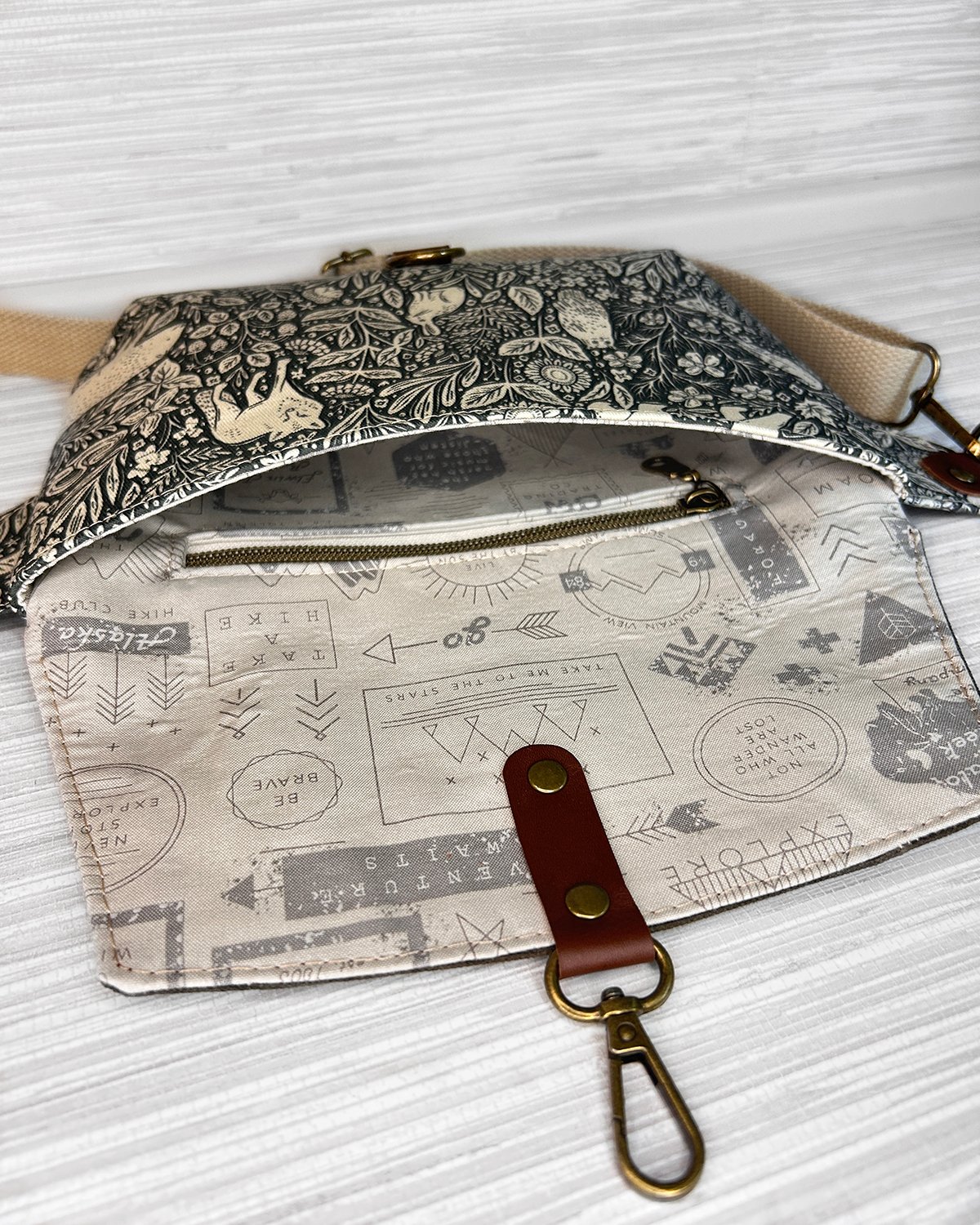 Waxed Canvas Belt Bag, Woodland Animal Print Fanny Pack, Cottagecore Crossbody Sling Bag with Leather Accents - Image 14