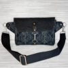 Waxed Canvas Belt Bag, Geometric Print Fanny Pack, Black Crossbody with Leather Accents, Art Deco Fabric Sling Bag