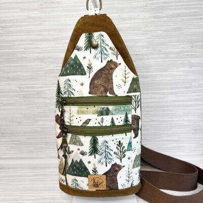 Forest Bear Print Sling Bag, Waxed Canvas Travel Crossbody Bag, Handmade Woodland Pine Tree Sling