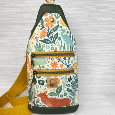 Illustrated Forest Sling Bag, Green Faux Leather Travel Crossbody Bag, Handmade Woodland Animal Sling