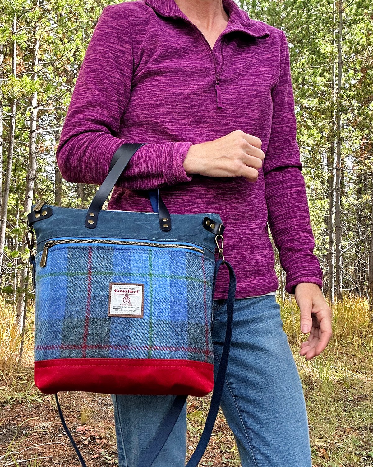 Harris Tweed Crossbody Tote Bag, Blue Tartan Plaid Wool & Waxed Canvas Handbag with Leather Handles - Image 3