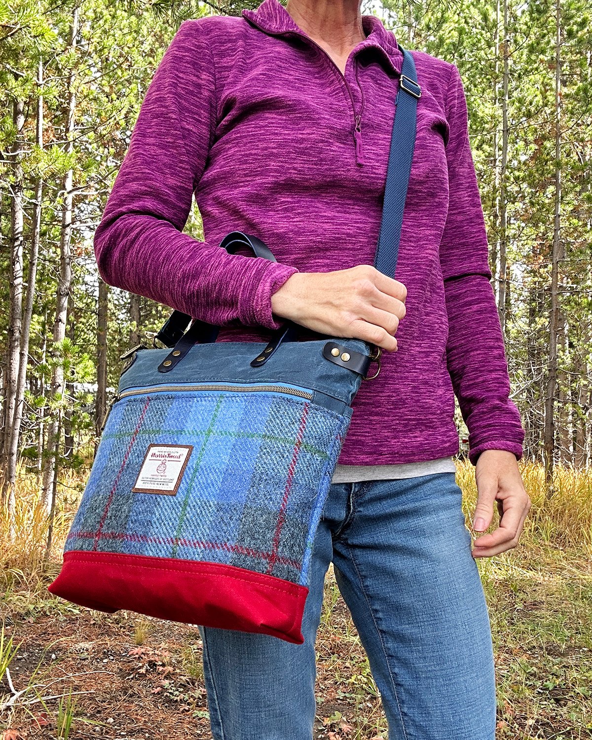 Harris Tweed Crossbody Tote Bag, Blue Tartan Plaid Wool & Waxed Canvas Handbag with Leather Handles - Image 4