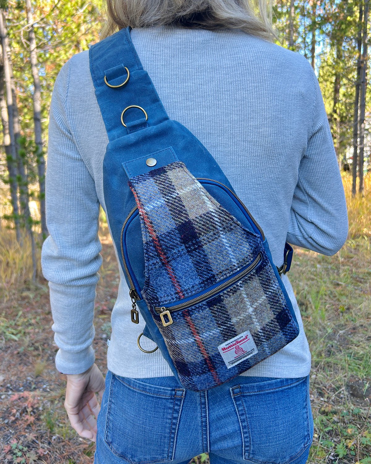 Harris Tweed Plaid Sling Bag, Blue Waxed Canvas & Mackenzie Check Tartan Crossbody Backpack - Image 12