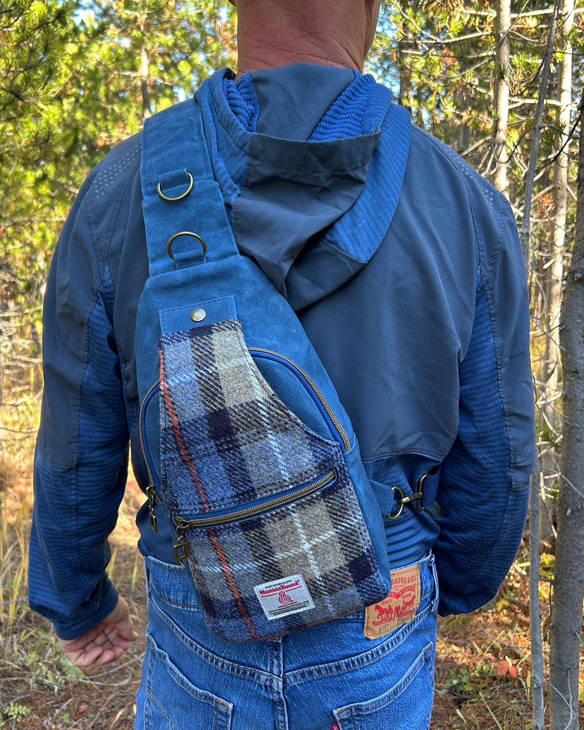Harris Tweed Plaid Sling Bag, Blue Waxed Canvas & Mackenzie Check Tartan Crossbody Backpack - Image 11
