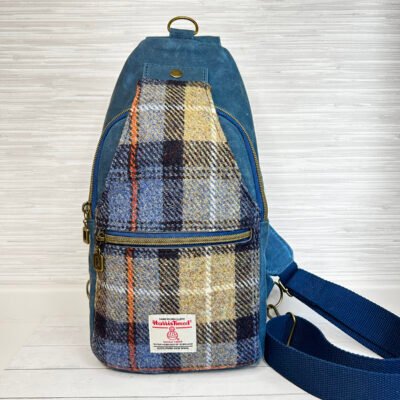 Harris Tweed Plaid Sling Bag, Blue Waxed Canvas & Mackenzie Check Tartan Crossbody Backpack