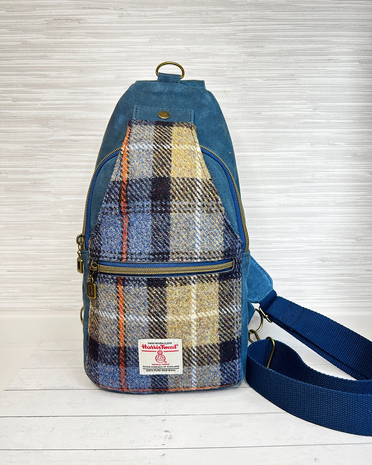 Harris Tweed Plaid Sling Bag, Blue Waxed Canvas & Mackenzie Check Tartan Crossbody Backpack